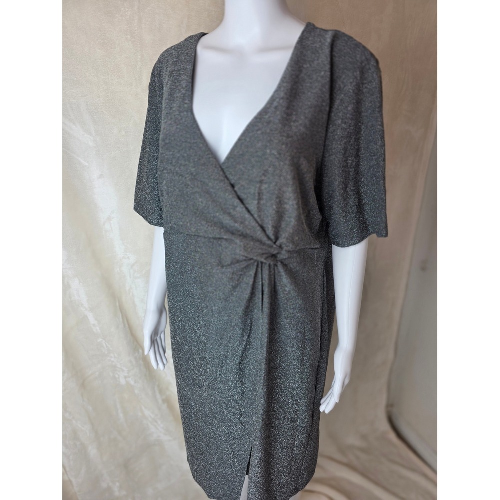SERRA Women's XL‎ Knit Sparkle Twist Front V Neck Midi Dress Silver